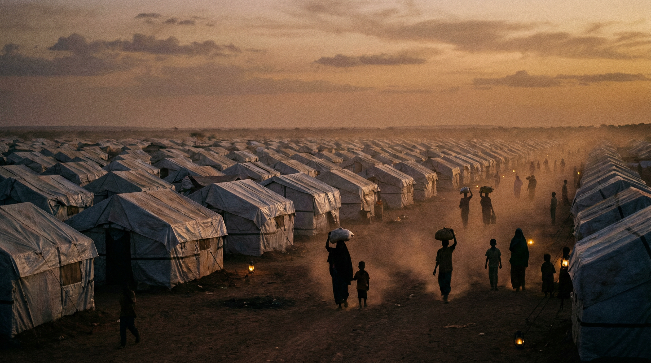 Refugee camp in Somalia at dusk